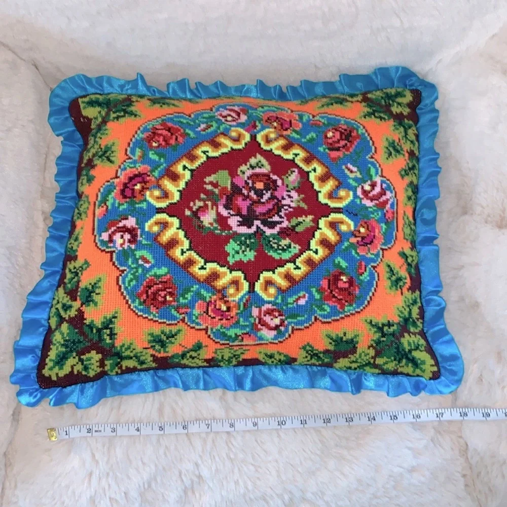 Handmade Ukrainian Pillow Floral Decorative Aqua Ruffled Vintage‎ 18